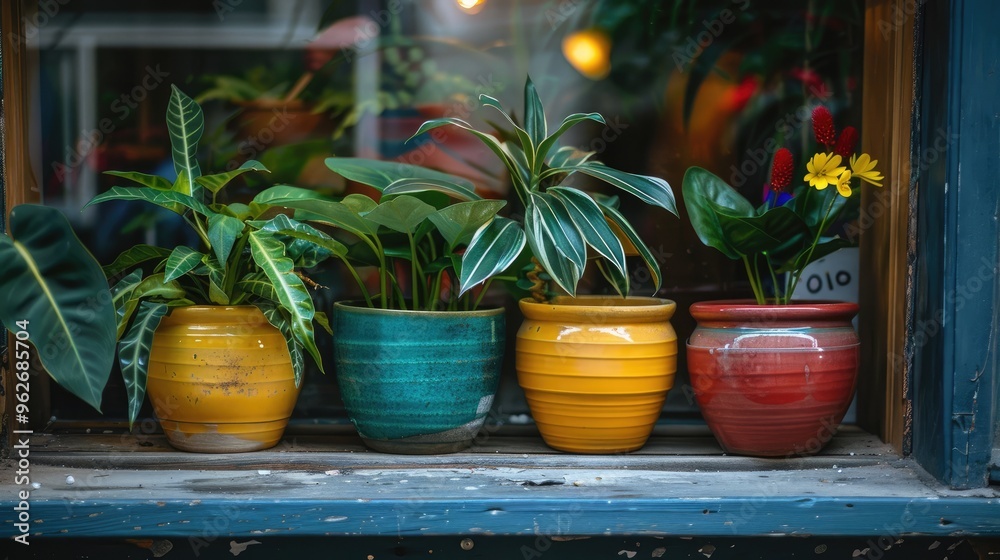 Poster Vintage colored plant pot in window display