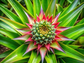 Fototapeta premium Vibrant green pineapple plant crowned with a delicate, star-shaped flower, showcasing intricate details and tender petals, set against a soft, creamy white background.