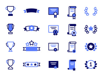 Awards set icon. Collection of Cups, Awards, Trophies, Diplomas, Certificates, Wreaths, Laurels. Two-tone business style. Editable stroke. For website design, logo, app, template, ui