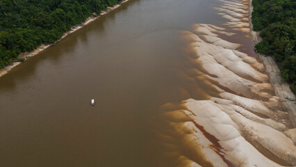 NANAY RIVER IN THE PERUVIAN AMAZON DURING THE DRY SEASON OF THE RIVERS, AMAZONIAN BEACHES IN THE JUNGLE AND DROUGHT OF THE RIVERS, CONSEQUENCE OF THE DROUGHT OF THE RIVERS IN THE AMAZON
