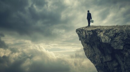 A solitary businessman stands on the edge of a cliff, overlooking a vast landscape under a stormy sky. The image portrays a moment of decision and the weight of responsibility, with dramatic clouds