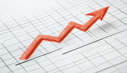 Obraz premium Red Arrow Sketched with Crayon on White Background Showing an Upward Trend, Symbolizing Market Growth and Positive Progress