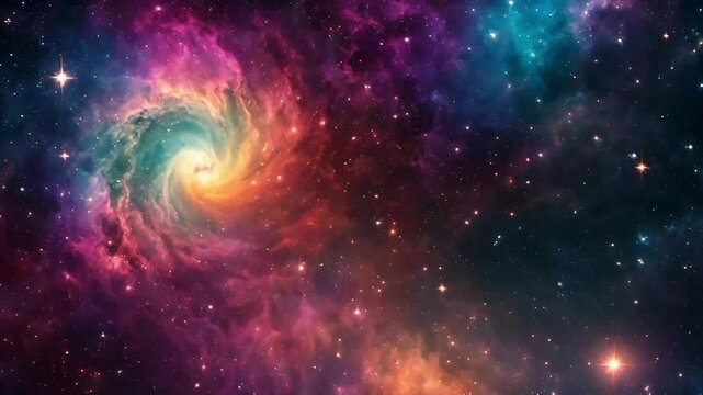 colorful cosmic swirl with animated stars and a glowing core, space nebula towards light loop Animation. Glowing galaxies and stars passing footage video background, calming video, relaxing videos,	