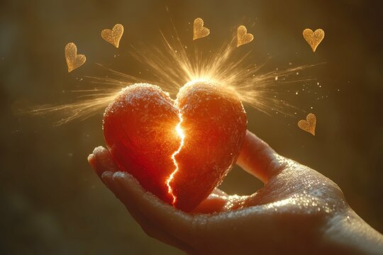 A stylized image of a hand cracking a frozen heart with rays of warmth emanating from the break. Break the ice.