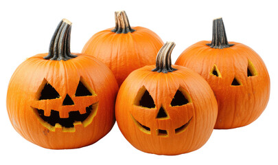 Three Carved Pumpkins with Faces, Isolated on White Background, Studio Shot