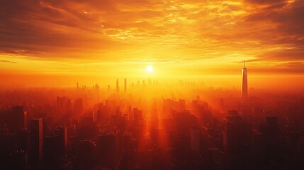 Fototapeta premium A city skyline is lit up by the sun, creating a warm and inviting atmosphere