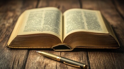 Obraz premium A book is open on a wooden table with a pen on the table
