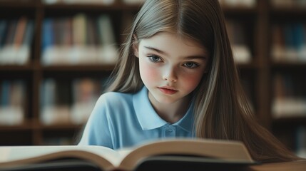 A young girl reading a book in a library, focused and contemplative.