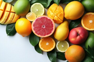 A vibrant assortment of fresh fruits arranged on green leaves.