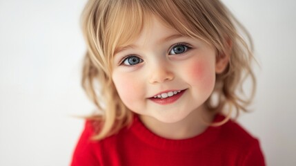 A joyful child poses for the camera with a big smile. Her bright blue eyes shine with happiness. The image captures the innocence of childhood in a modern, soft style. AI