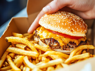 Close-up of a cheeseburger and french fries in a takeout box.