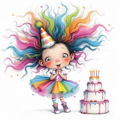 Fototapeta premium quirky girl with birthday cake, birthday party