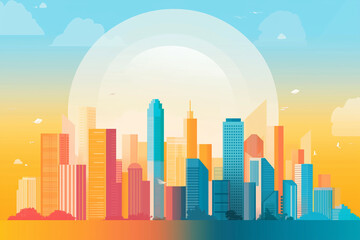 Obraz premium Illustration of a cityscape at sunset, travel, and business background