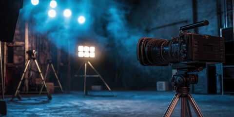 Fototapeta premium Empty film studio and movie set with cameras and reflectors illustration