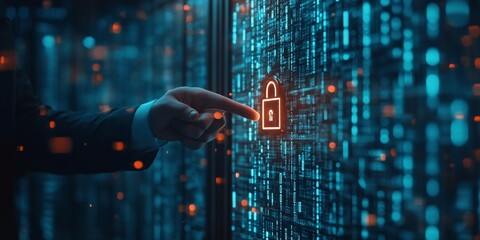 cybersecurity protection with a businessman holding a digital padlock for login identity verification and credentials secure network system for data privacy and protection - obrazy, fototapety, plakaty