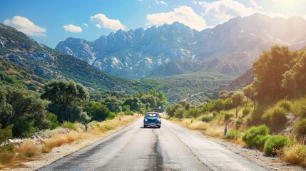 A picturesque shot of a family driving through a scenic route with rolling hills or mountains in the background, with a clean background and plenty of copy space for travel destinations.