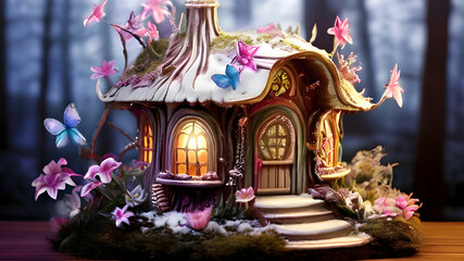 Fototapeta premium A fairy House made with magical material that glows in moonlight, the house changes with each season