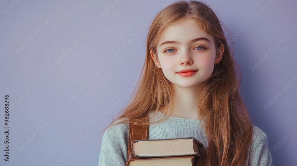 Wall mural A young girl with long hair holds books against a pastel-colored background.