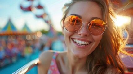 A joyful image of a family or group of friends enjoying an amusement park or theme park during spring break, with colorful rides and attractions, with a clean background and plenty of copy space for