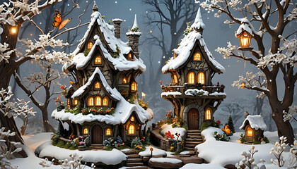 Obraz premium A fairy House made with magical material that glows in moonlight, the house changes with each season