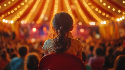 Fototapeta premium rear view of children at a circus carnival show on stage in a festive dome tent with crowd people, capturing the excited lifestyle and cheerful celebration inside the event