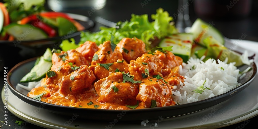 Sticker bistro chicken dish featuring spicy tikka masala sauce, accompanied by rice and sliced vegetables wi