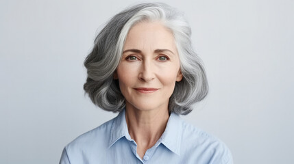 Fototapeta premium a woman with shoulder-length gray hair, wearing a blue shirt and looking at the camera against a white background. 