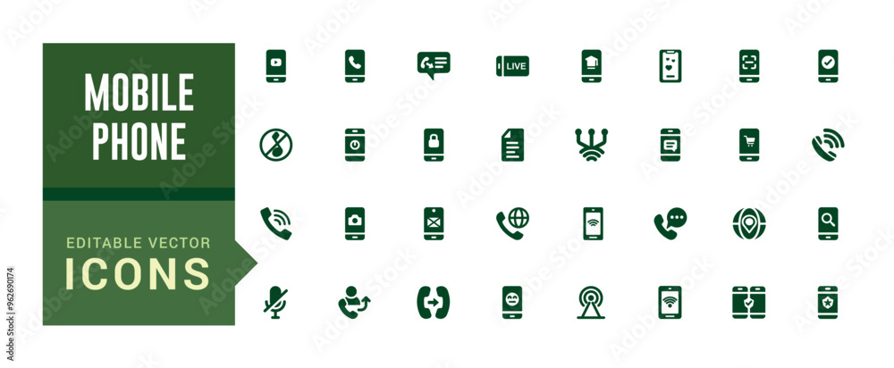 Wall mural mobile phone and smartphone icons set. collection and pack of ui icons. solid icon set. glyph icon s