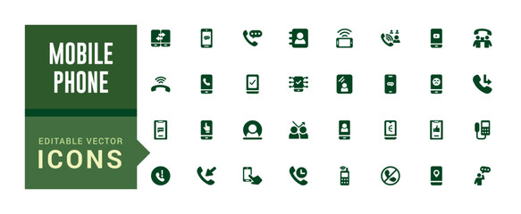 Mobile phone and Smartphone icons set. Collection and pack of ui icons. Solid icon set. Glyph icon set for web and ui. Filled icon set, editable stroke. Vector illustration.