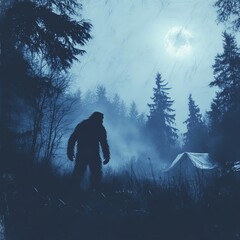 A Sasquatch in a spooky forest campsite, Halloween theme, dark and mysterious, isolated on white background