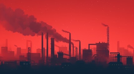 Fototapeta premium Digital illustration of an industrial landscape with numerous smoke stacks releasing pollution into a red, ominous sky. The scene highlights environmental concerns related to industrial emissions.