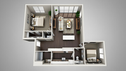 top-down view of a modern apartment floor plan. The plan shows a spacious open-concept living area
