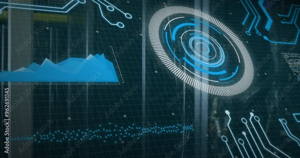 Poster animation of digital interface with futuristic graphics over grid background