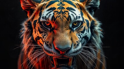 A regal tiger's face in a dramatic close-up, its eyes blazing with intensity, surrounded by an aura of mystery, amidst a dark, mystical atmosphere, ornate textures, delicate wisps of fog, deep blues a