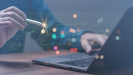 A professional utilizes a sleek laptop, engaging with an innovative digital interface that showcases data analytics and visualization, enhancing decision-making through advanced technology