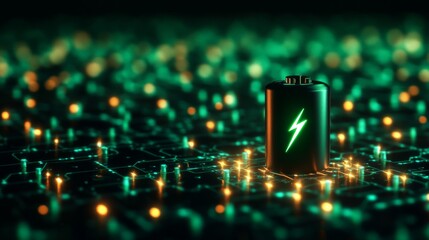 A glowing battery with a green lightning icon on a futuristic electronic circuit background, symbolizing energy and power.