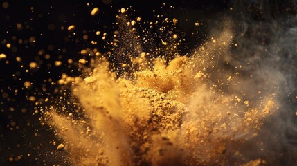 Golden flour powder explosion on dark backdrop