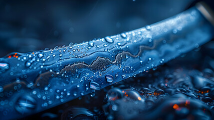 Blue Water Drops on Metal Surface Macro Photography