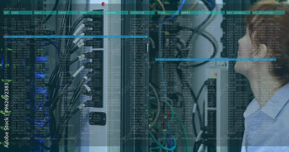 Poster server racks with cables, data processing animation overlaying in tech environment
