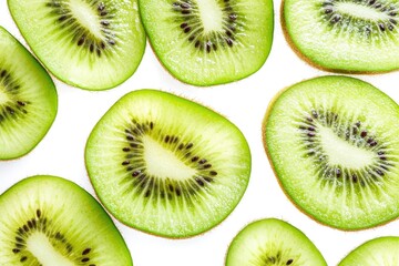 Fototapeta premium close up Kiwi fruit slice isolated on white background. Top view. Flat lay , ai