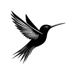 Naklejka premium Hummingbird silhouette in mid-flight, Graceful black-and-white silhouette of a hummingbird in mid-flight, perfect for nature logos, wildlife designs, and branding. 