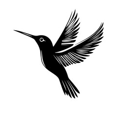 Obraz premium Hummingbird silhouette in mid-flight, Graceful black-and-white silhouette of a hummingbird in mid-flight, perfect for nature logos, wildlife designs, and branding. 