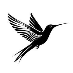 Obraz premium Hummingbird silhouette in mid-flight, Graceful black-and-white silhouette of a hummingbird in mid-flight, perfect for nature logos, wildlife designs, and branding. 