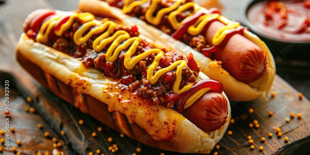 Sticker close-up of two sausages garnished with ketchup, yellow mustard, and chili on a weathered wooden sur