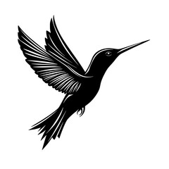 Obraz premium Hummingbird silhouette in mid-flight, Graceful black-and-white silhouette of a hummingbird in mid-flight, perfect for nature logos, wildlife designs, and branding. 