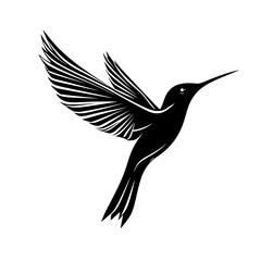 Obraz premium Hummingbird silhouette in mid-flight, Graceful black-and-white silhouette of a hummingbird in mid-flight, perfect for nature logos, wildlife designs, and branding. 