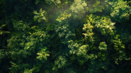 Aerial view of a lush green forest canopy, showcasing dense foliage and biodiversity.