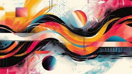 Craft an abstract backdrop that features energetic gradients and fluid lines. Use bold geometric shapes to enhance the sense of movement and vibrancy