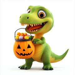 Fototapeta premium A dino holding a candy bucket, Halloween theme, playful and cute, isolated on white background