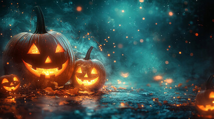 Fototapeta premium Lit jack-o'-lanterns glow ominously in the dark.
